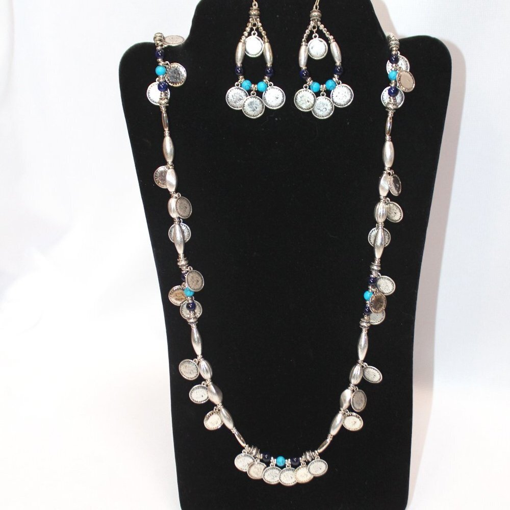 Chico's Silver and Blue Bead Dangle Necklace and Earring Set
